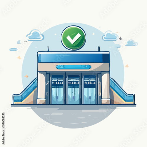 Modern building with escalators and a checkmark symbol.
