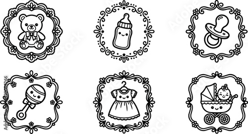 Black and white line art baby items with teddy bear bottle pacifier and dress