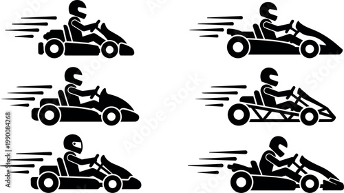 Black silhouettes of racing go karts with drivers wearing helmets in speed motion