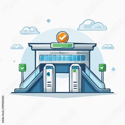 Modern building with escalators and check marks, vector illustration.