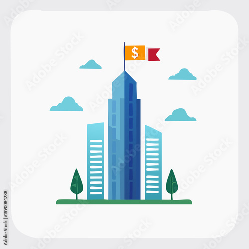 Modern Cityscape with Financial Building and Dollar Flag.