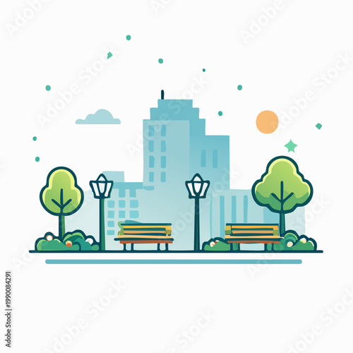 Modern City Park with Benches and Trees.