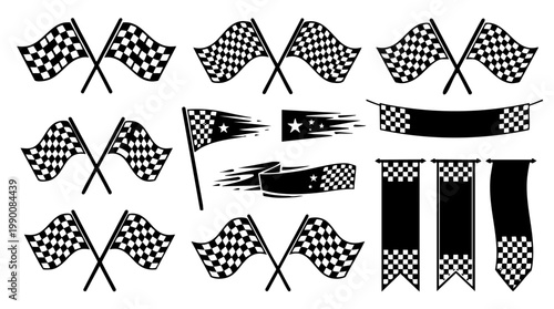 Checkered Flags in Rows with Poles and Pennants Vector  illustration 