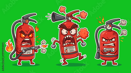 Cartoon Fire Extinguishers Displaying Anger and Aggression on Green Background.