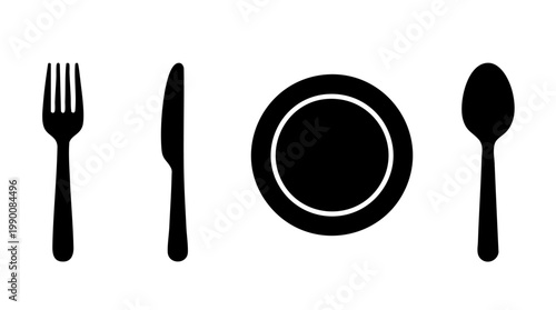 Simple tableware arrangement featuring fork, knife, spoon, and plate Vector 