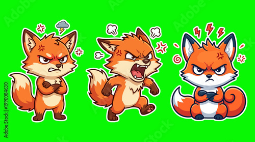 Cartoon Foxes Displaying Anger and Frustration on Green Background.