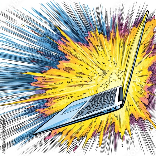 Laptop exploding with colorful comic style burst, digital disruption and technology concept for innovation, data crash and creative impact