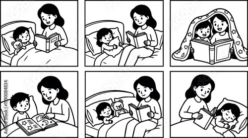 Black and white line art mother reading bedtime stories to children in bed