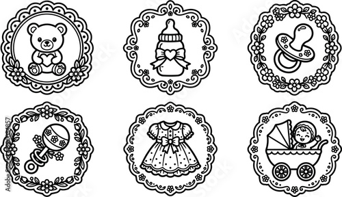 Black and white line art baby toys and clothing icons framed with floral wreaths