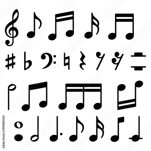 Collection of musical notes and symbols, a visual representation of musical notation for composition and performance