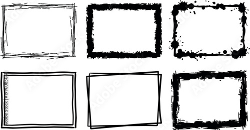 Black distressed grunge rectangular frames with rough edges vector art