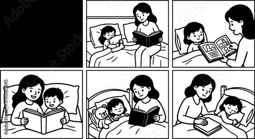 Mother reading bedtime stories to children in bed