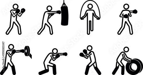 Black and white line art boxing training fitness exercise icons