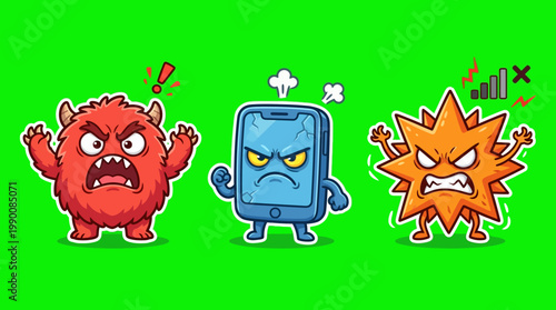 Cartoon Monsters and Smartphone Displaying Anger and Frustration.