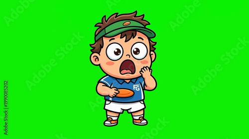 Cartoon Boy in Visor and Shirt Holding Disc with Surprised Expression.