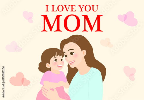 Mother’s Day Greeting Card with Illustration of Mother and Daughter on Ivory Background