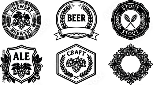 Black and white craft beer brewery badges and wreaths vector art set