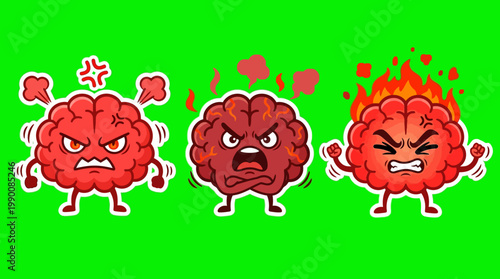 Cartoon Brains Expressing Anger and Frustration on Green Background.