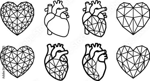 Black line art geometric and anatomical hearts set vector illustration