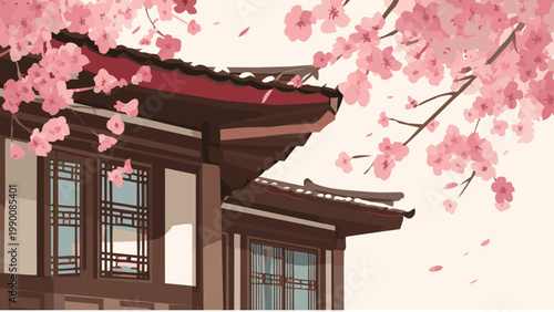 Traditional Korean house Hanok with cherry blossoms in spring, flat vector illustration of oriental architecture, blooming flowers and wooden pavilion, asian cultural background.