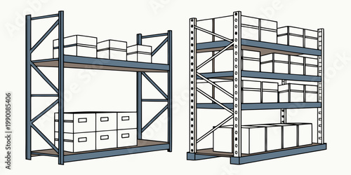 Empty and filled metal shelving units for warehouse storage with warehouse shelving industrial inventory cardboard logistics distribution shipping facility business
