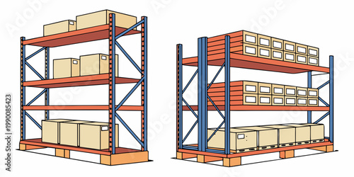 Industrial metal storage racking units filled with shipping boxes warehouse shelving industrial inventory logistics cardboard distribution shipping facility business