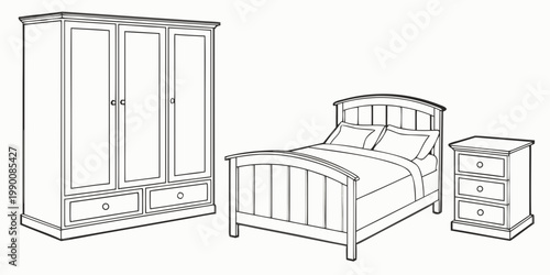 Furniture set for bedroom line art illustration featuring wooden bedside table wardrobe and bed with headboard interior design furniture wardrobe nightstand interior isolated
