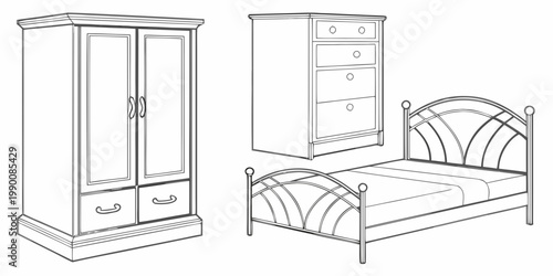 Minimalist black and white line drawing of bedroom furniture including bedside cabinet tallboy and iron frame bed with interior design furniture wardrobe interior illustration