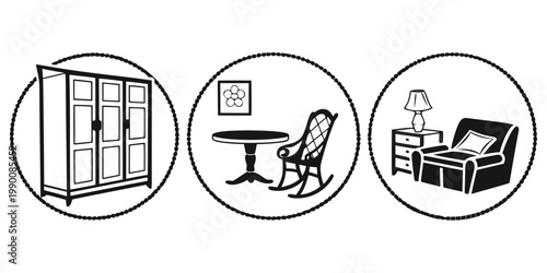 Collection of interior furniture icons featuring wardrobe chair and armchair furniture wardrobe armchair interior illustration apartment domestic furnishing decorative