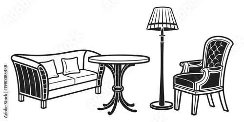 Elegant living room furniture set including sofa round coffee table and floor lamp with armchair illustration furniture armchair interior illustration decoration furnishing