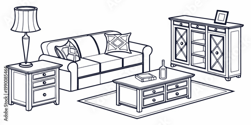 Contemporary living room interior furniture set with sofa coffee table bedside cabinet and wooden sideboard buffet furniture sideboard interior illustration decoration