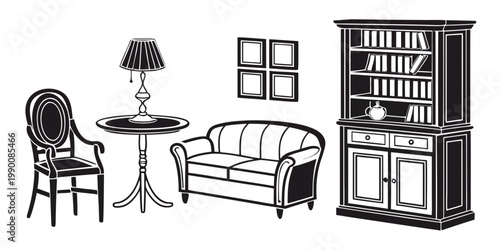 Traditional living room furniture set featuring armchair table lamp couch and large wooden bookcase cabinet furniture bookcase armchair interior illustration decoration