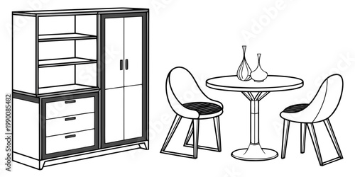 Dining room or kitchen furniture sketch with cabinet and table furniture interior illustration lifestyle apartment contemporary furnishing domestic aesthetic outlines