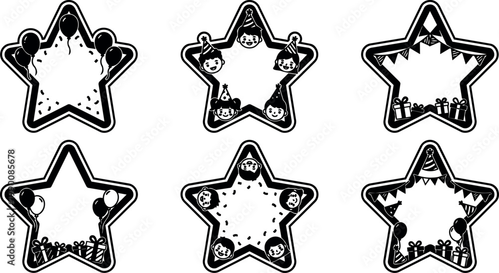 Obraz premium Black and white star frames with balloons party hats and gift boxes vector art