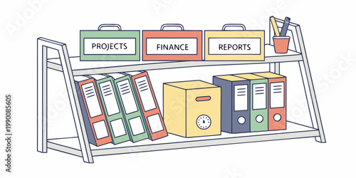 Office filing shelves with labeled project finance and report boxes shelving projects organization business documentation workplace paperwork supplies document management