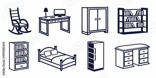 Various household furniture and bedroom office storage icon set with furniture bookshelf interior workspace furnishing minimalist household decoration residential computer