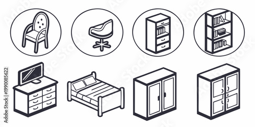 Isometric home and office furniture icon set featuring chairs and storage furniture isometric bookshelf interior workspace furnishing minimalist household decoration
