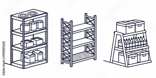 Industrial metal storage racks with boxes bottles and organized shelving units shelving industrial warehouse organization inventory supplies logistics equipment containers