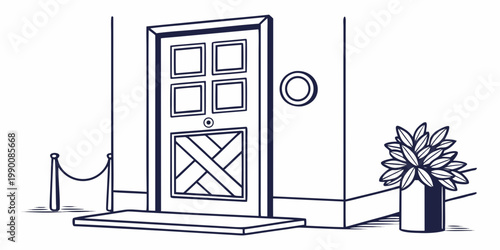 Front entrance door with decorative wood detail and potted plant entrance architecture building exterior residential property threshold minimalist illustration decorative