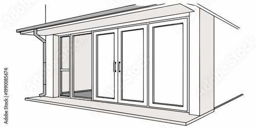 Detailed line drawing of bifold patio doors under a roof eave with architecture building exterior illustration residential construction threshold structure minimalist