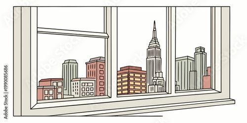 Skyline city view from high rise office window sketch with skyscraper buildings architecture metropolis business district panoramic perspective illustration downtown