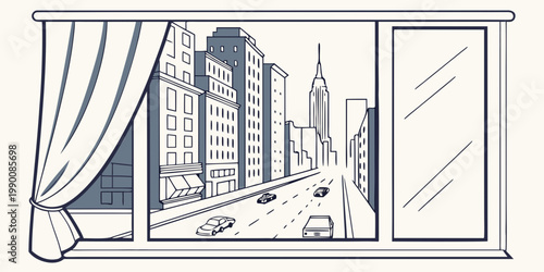 City street scene from window with draped curtains sketch buildings skyscraper architecture metropolis perspective interior exterior lifestyle apartment downtown