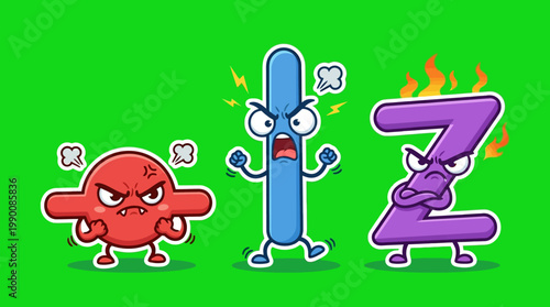 Cartoon Characters with Angry Expressions on Green Background.