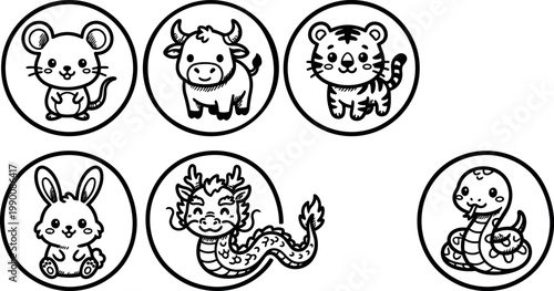 Black and white line art cute mouse ox tiger rabbit dragon and snake animals