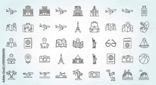 Travel icons depict various modes transportation and landmarks worldwide