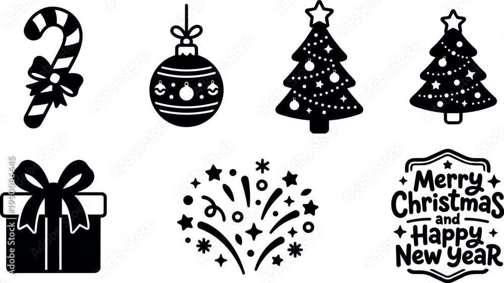 Obraz premium Black and white christmas candy cane ornament trees gift firework and greeting phrase vector art