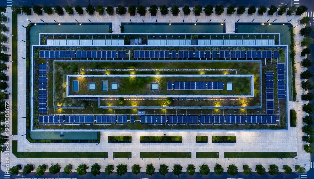 Naklejka premium Modern Green Roof with Extensive Solar Panel Array, Viewed From Above, Showcasing Sustainable Urban Architecture