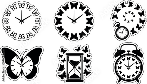 Black and white butterfly clocks and hourglass vector art with wings and time motifs