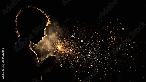 Side profile of a child’s silhouette looking at a handheld sparkler (fuljhadi). Golden sparks flying, dark night background, magical atmosphere, high contrast