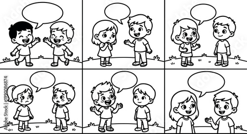 Black and white comic style kids talking with empty speech bubbles